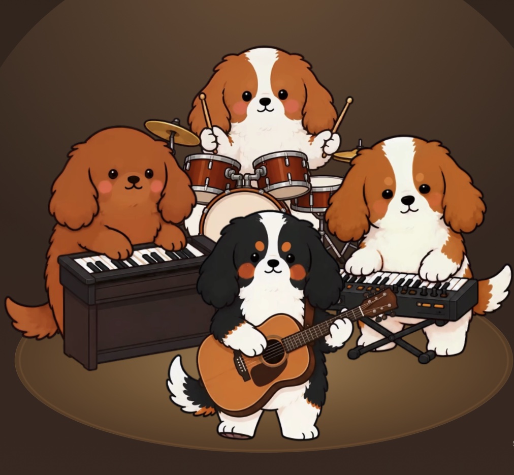 Four cavalier spaniel puppies on a warm brown stage: one at an upright piano, one at a drum kit, one with an acoustic guitar, and one at a keyboard.